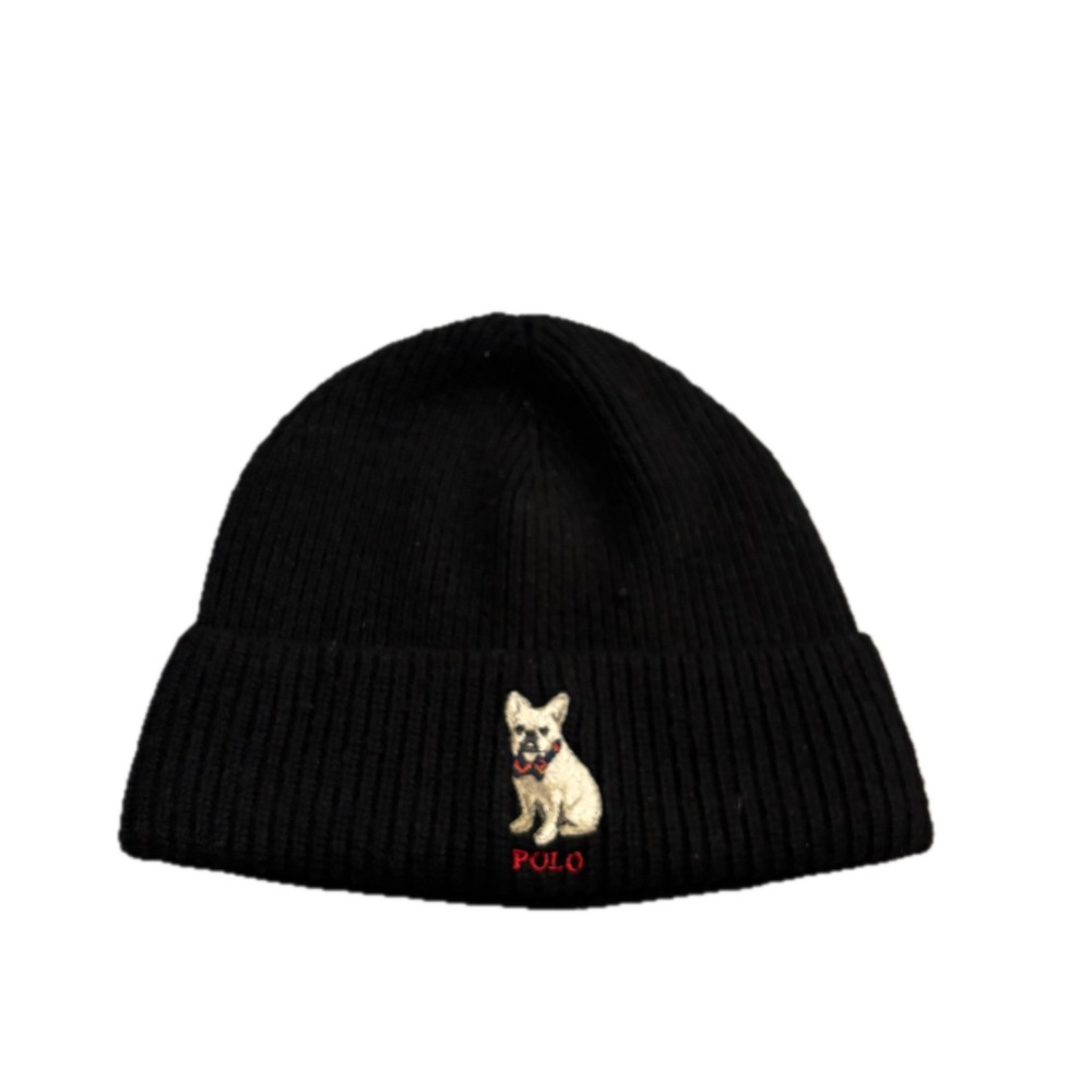Polo Ralph Lauren Black Ribbed Beanie French Bulldog Embroidered Hat Wool Blend